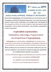 Les ateliers publics de l'hypnose et des thérapies brèves : Nov. 2016