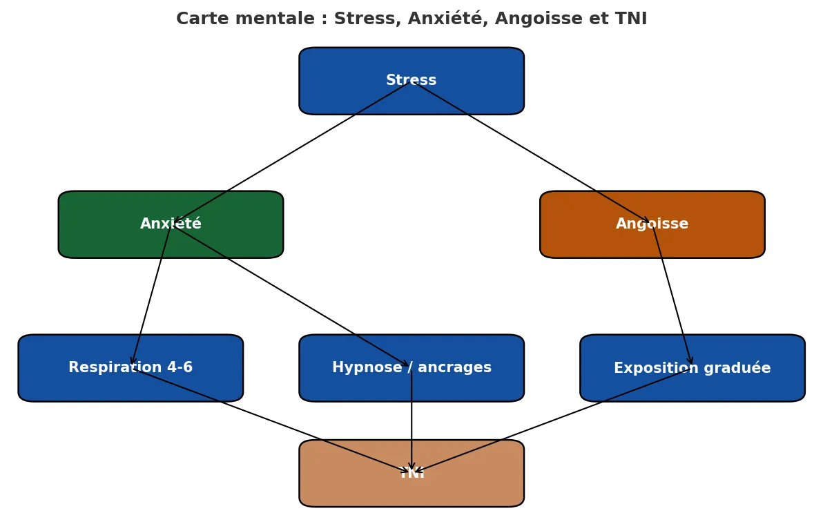 Carte mentale stress, anxiété, angoisse et leviers de régulation